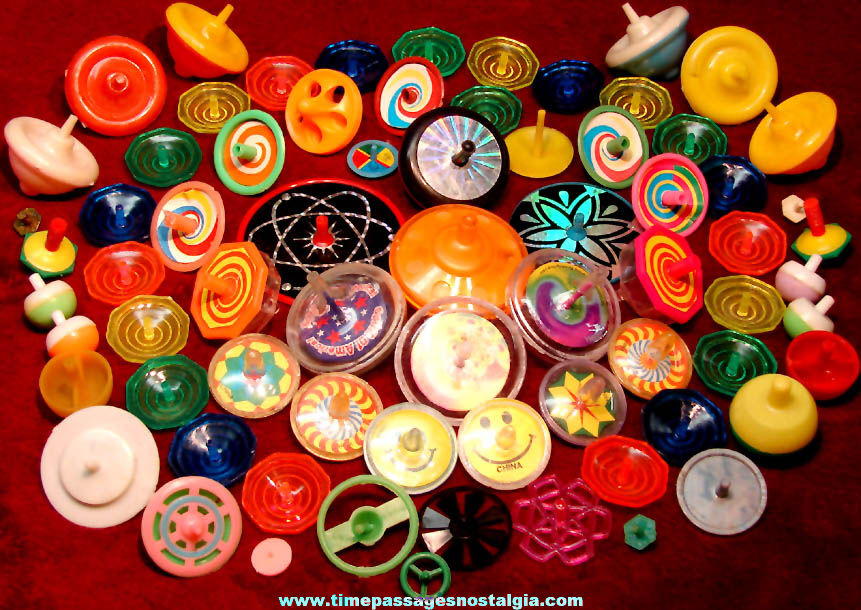 (70) Colorful Small Old Plastic Novelty Toy Spinning Tops
