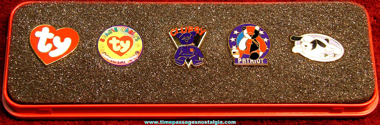 (5) Different Enameled Metal Ty Character Beanie Babies Advertising Pins with Case