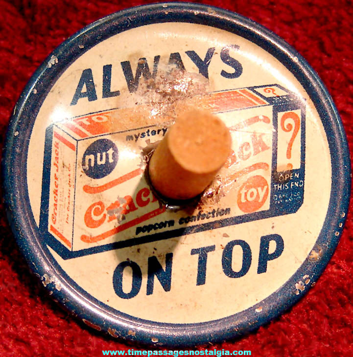 1930s Cracker Jack Pop Corn Confection Mystery Club Advertising Lithographed Tin Toy Spinner Top Prize