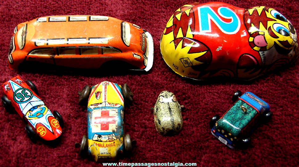 (6) Different Small Colorful Old Lithographed Tin Novelty Moving Toys