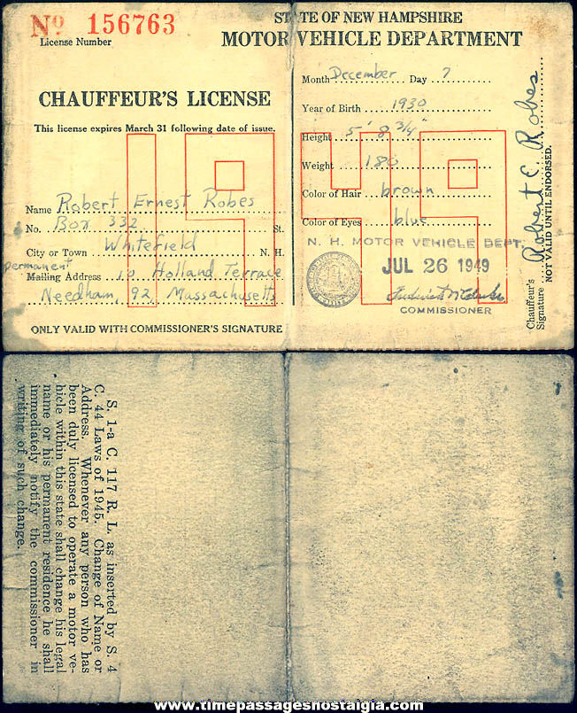 1949 State of New Hampshire Motor Vehicle Department Chauffeur’s License