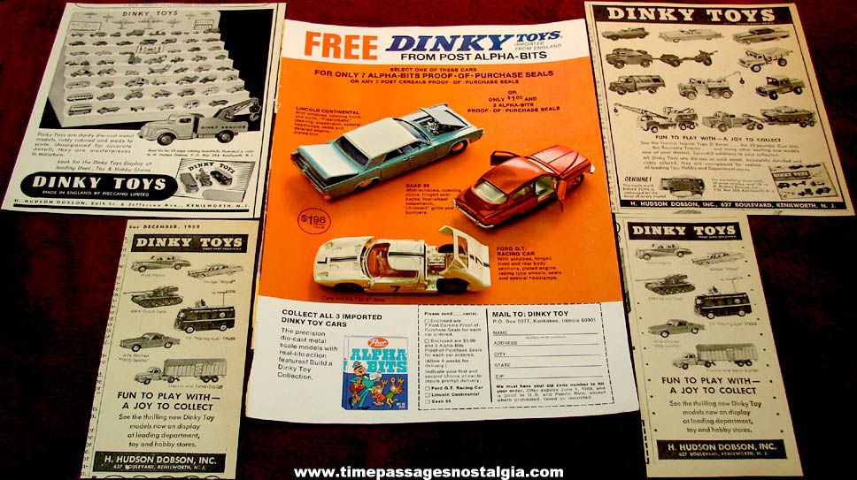 (5) 1950s -1960s Dinky Miniature Die Cast Toy Car & Truck Advertisements