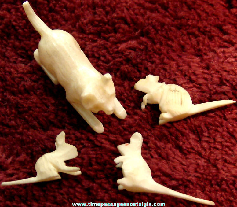 Old Miniature Carved Bone Cat & (3) Tiny Mouse Figurines