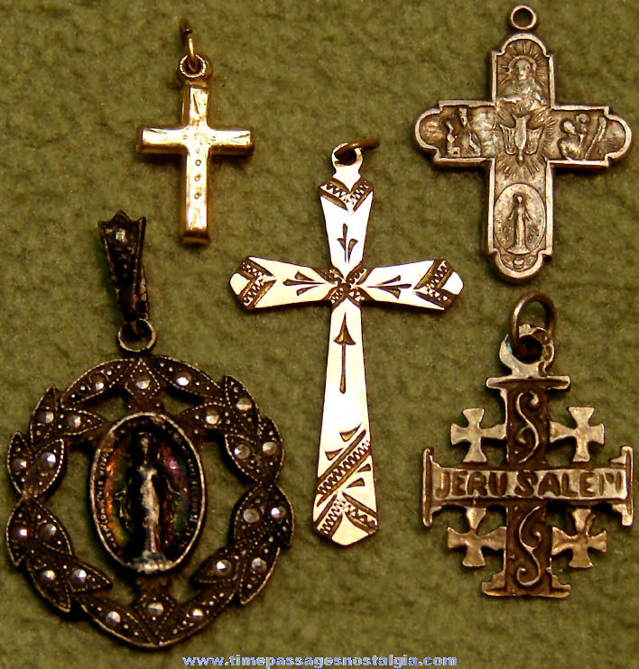 (5) Different Old Gold and Silver Catholic or Christian Cross & Necklace Pendant Charms