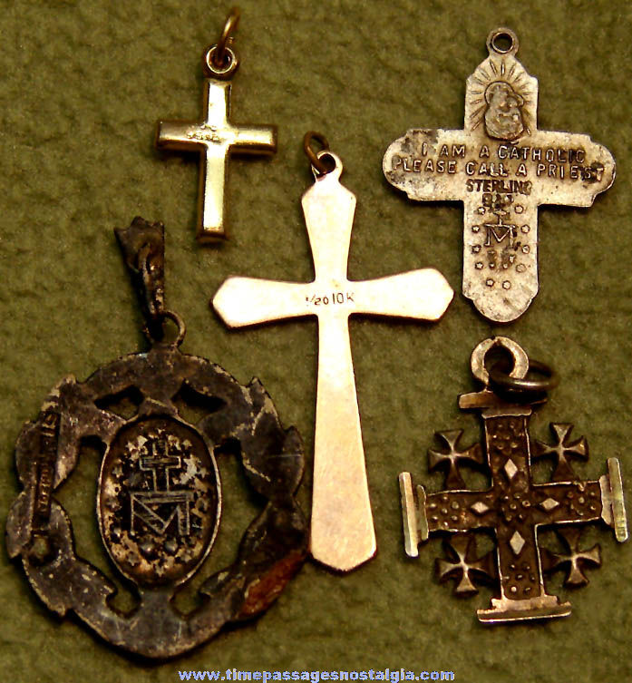(5) Different Old Gold and Silver Catholic or Christian Cross & Necklace Pendant Charms