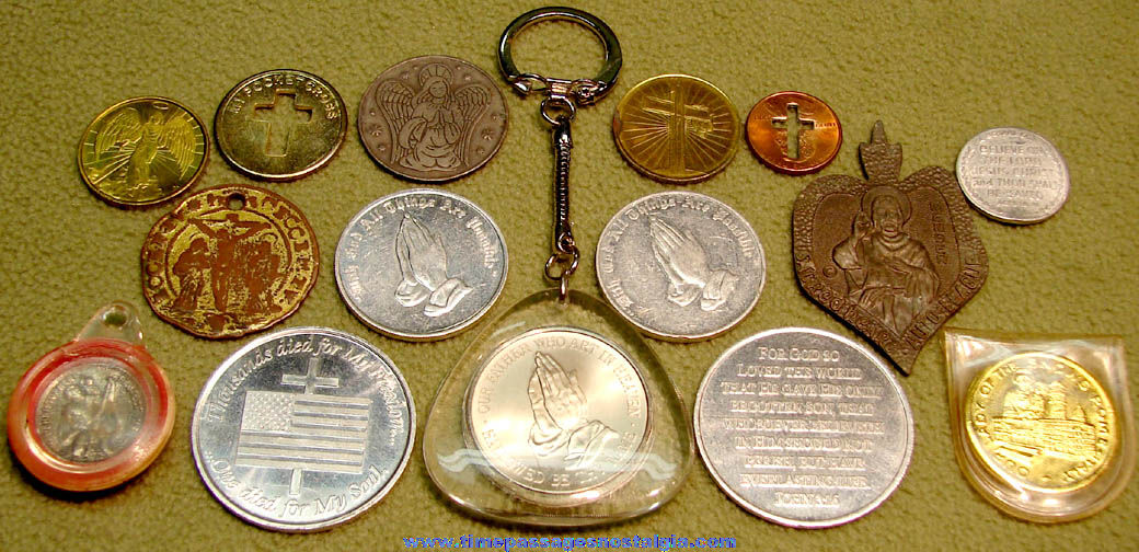(15) Old Metal Church Angel Prayer or Religious Token Coins