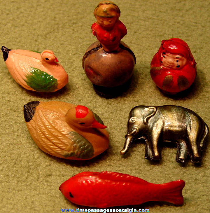 (6) Different Colorful Old Miniature Hollow Celluloid Toy or Prize Items