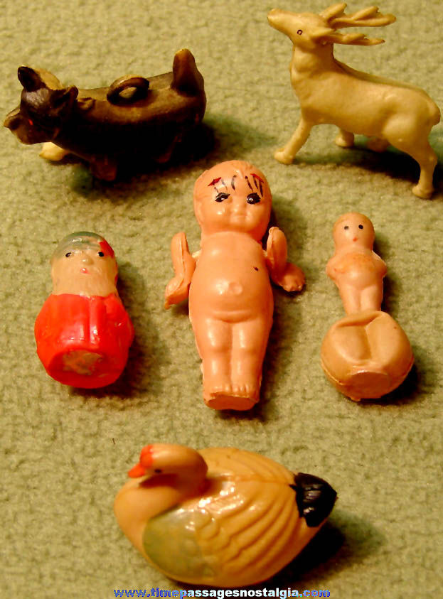 (6) Different Colorful Old Miniature Hollow Celluloid Toy or Prize Items