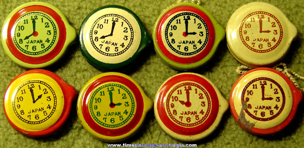 (8) Different Colorful Old Cracker Jack Pop Corn Confection Miniature Lithographed Tin Toy Clock or Watch Prizes