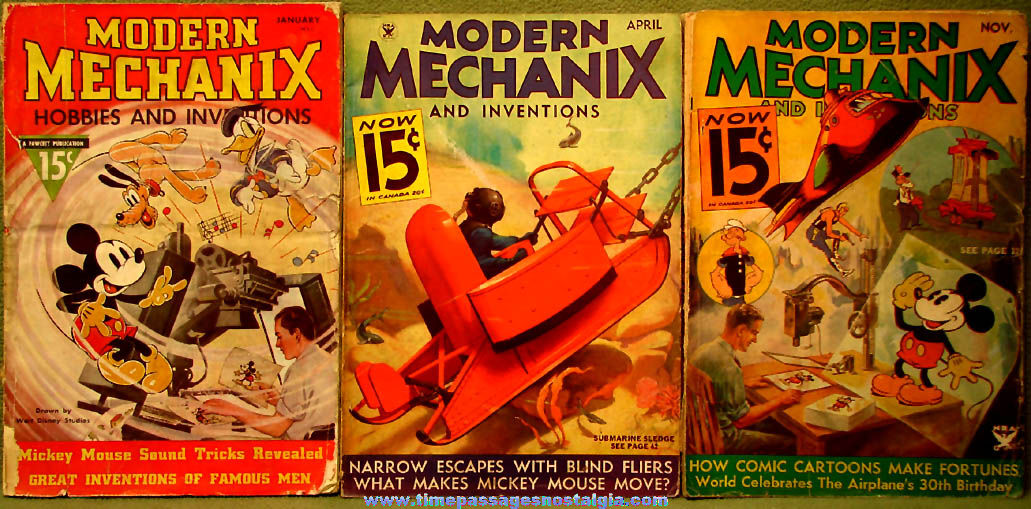 (3) Different 1930s Modern Mechanix Magazines with Walt Disney Cartoon & Comic Character Articles