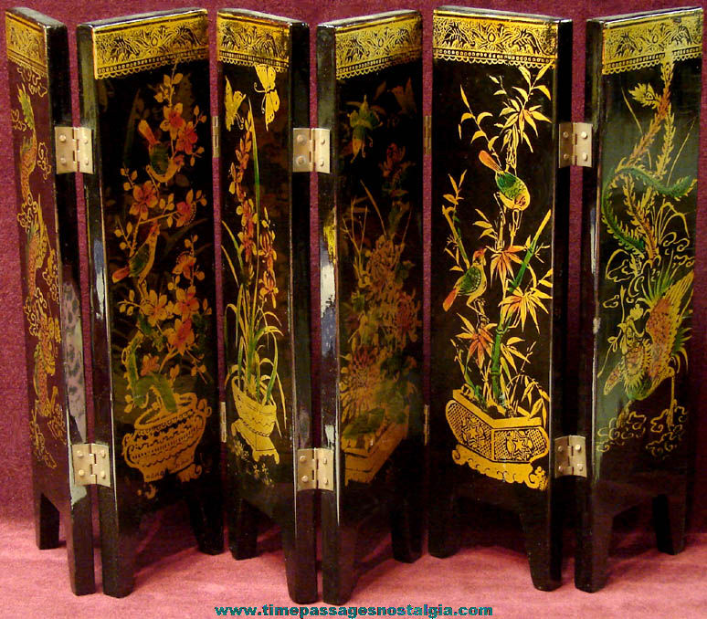 Small Old Lacquer Painted and Shell Inlaid Chinese Six Panel Changing Screen