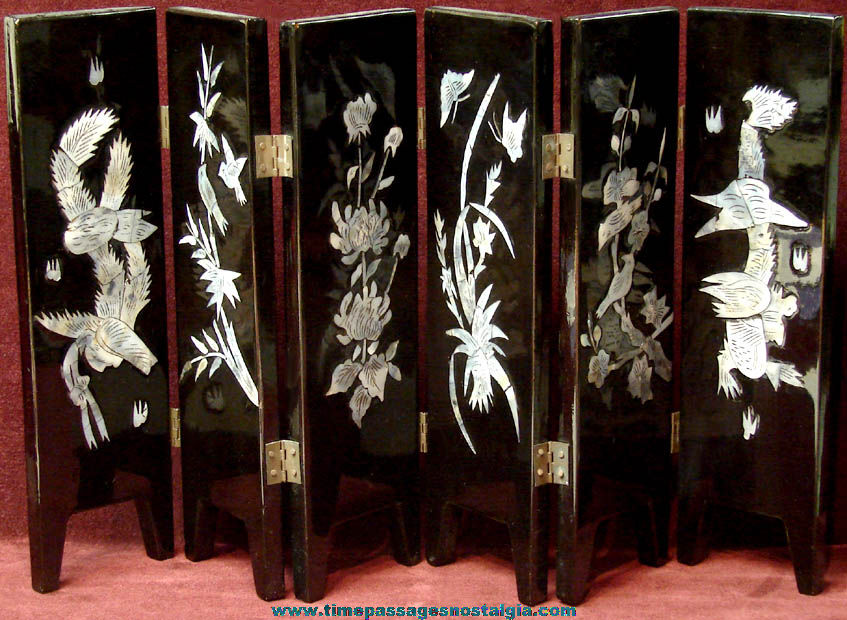 Small Old Lacquer Painted and Shell Inlaid Chinese Six Panel Changing Screen