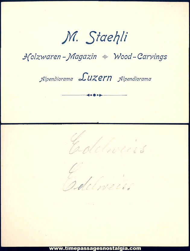 Old M. Staehli Luzern Wood Carving Business Card