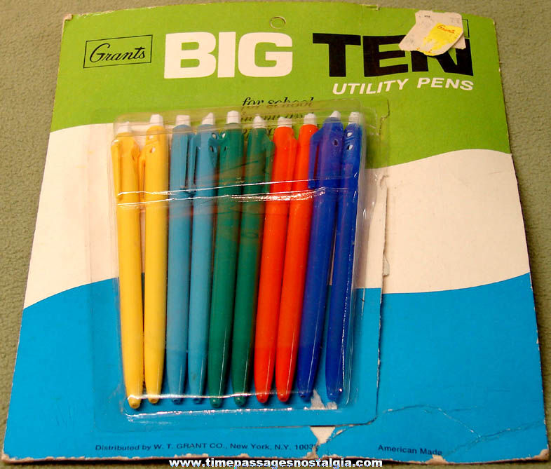 (10) Colorful W. T. Grant Department Store Big Ten Utility Ink Pens with Packaging