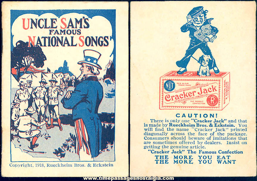 1918 Cracker Jack Pop Corn Confection Uncle Sam’s National Songs Miniature Toy Prize Booklet