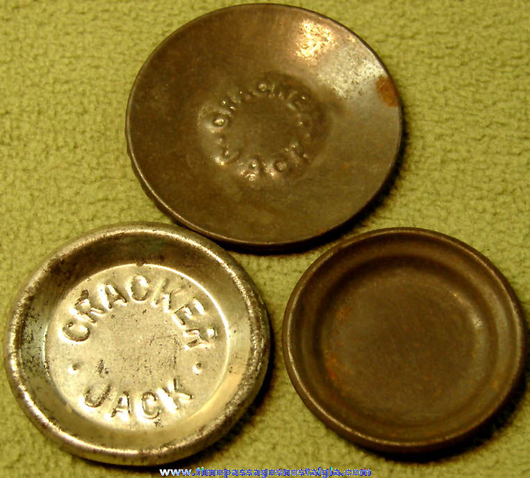(3) Different Old Cracker Jack Pop Corn Confection Miniature Embossed Tin Toy Pie Plate Prizes