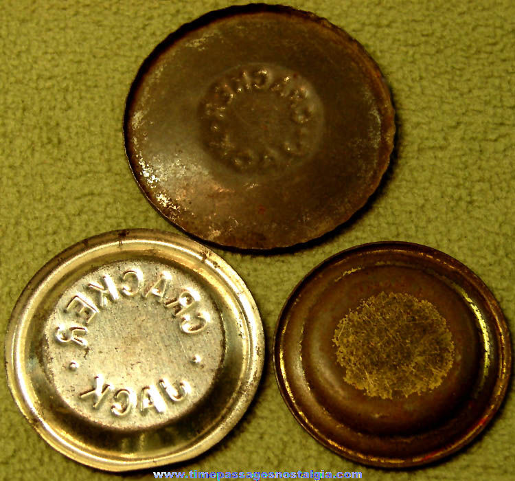 (3) Different Old Cracker Jack Pop Corn Confection Miniature Embossed Tin Toy Pie Plate Prizes