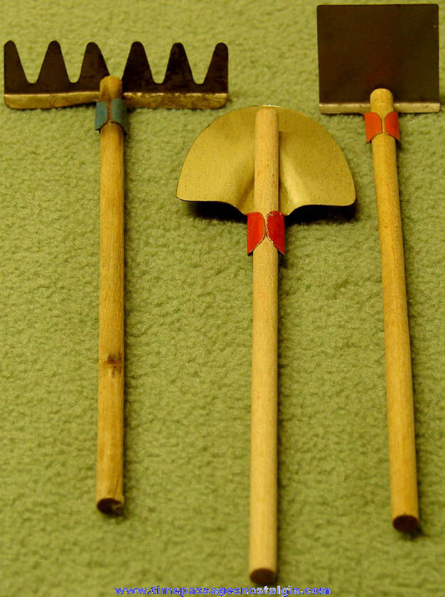 (3) Different 1930s Cracker Jack Pop Corn Confection Toy Prize Tin & Wood Garden Tools