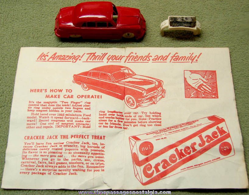 1952 Cracker Jack Pop Corn Confection Advertising Premium Magno Power Ford Model Car & Mystery Control Ring