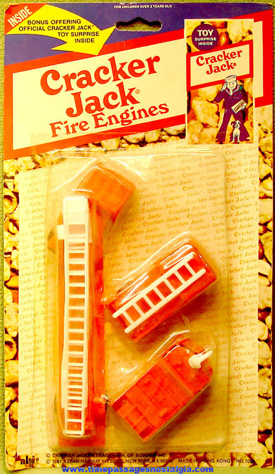 (3) Unopened 1981 Cracker Jack Pop Corn Confection Advertising Toy Fire Truck Vehicles