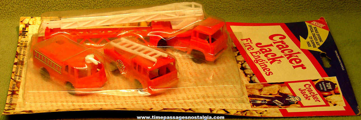 (3) Unopened ©1981 Cracker Jack Pop Corn Confection Advertising Toy Fire Truck Vehicles