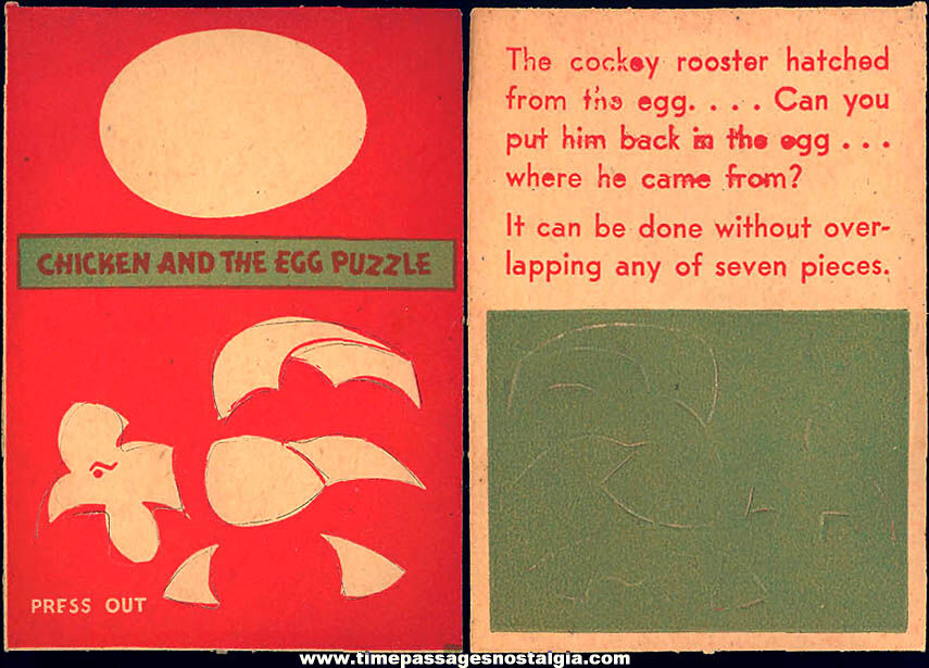 Unused 1940s Cracker Jack Pop Corn Confection C. Carey Cloud Chicken and The Egg Puzzle Paper Prize
