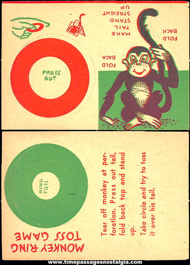 Unused 1940 Cracker Jack Pop Corn Confection C. Carey Cloud Monkey Ring Toss Game Paper Prize