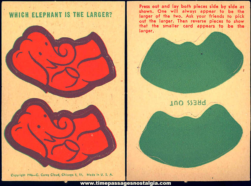 Unused ©1937 Cracker Jack Pop Corn Confection C. Carey Cloud Elephant Optical Illusion Paper Prize