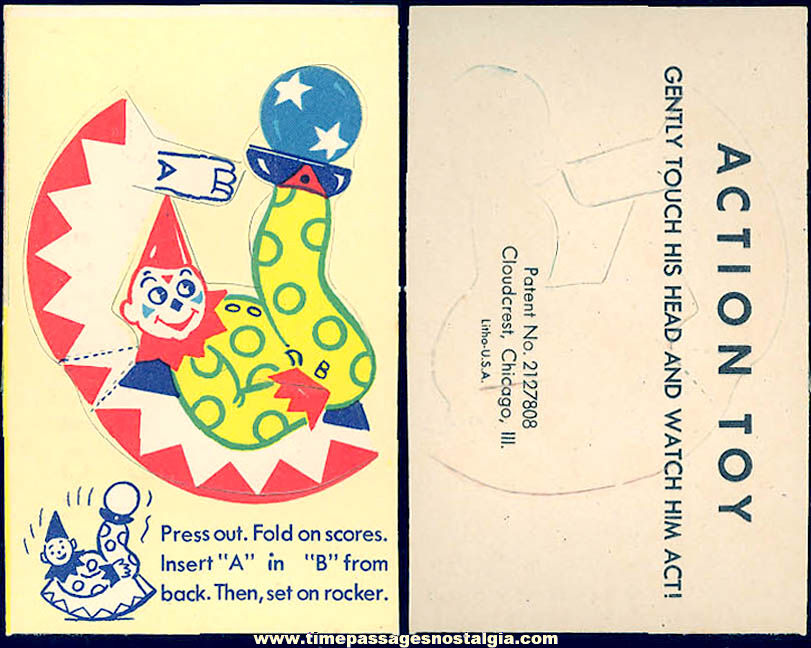 Unused ©1943 Cracker Jack Pop Corn Confection C. Carey Cloud Circus Clown Rocker Action Toy Paper Prize