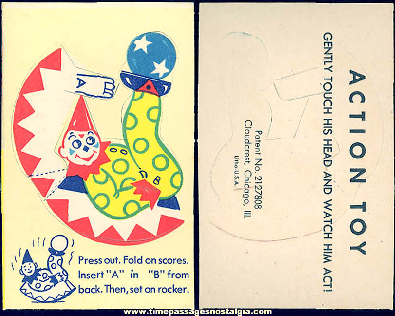 Unused 1943 Cracker Jack Pop Corn Confection C. Carey Cloud Circus Clown Rocker Action Toy Paper Prize