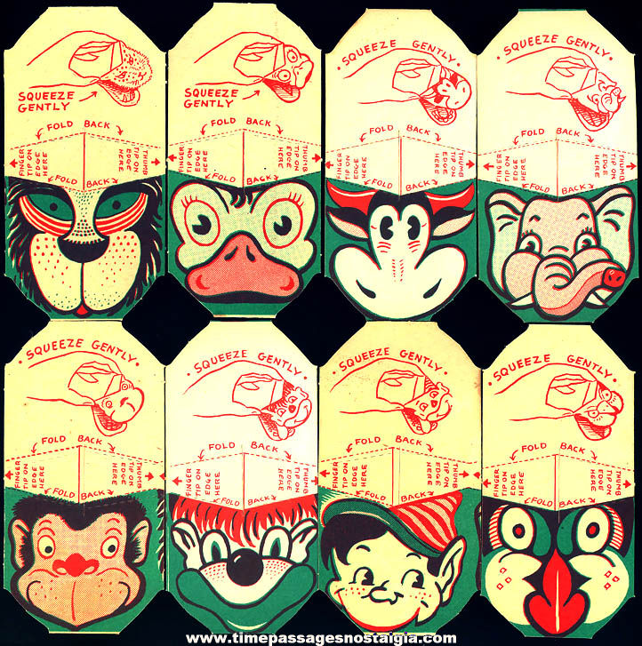 (8) Different Unused 1930s Cracker Jack Pop Corn Confection C. Carey Cloud Squeeze Head Paper Puppet Prizes