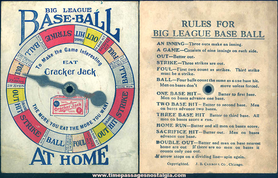 1925 Cracker Jack Pop Corn Confection Big League Baseball At Home Prize Toy Spinner Game