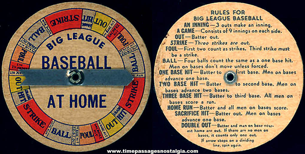1946 Cracker Jack Pop Corn Confection Big League Baseball At Home Prize Toy Spinner Game
