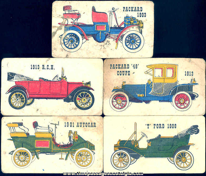 (5) Different 1950s Cracker Jack Pop Corn Confection Antique Automobile Paper Toy Prize Cards