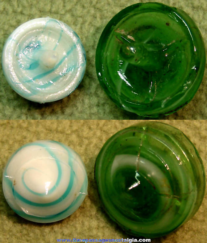 (2) Different Old Cracker Jack Pop Corn Confection Miniature Swirled Glass Prize Spinner Tops