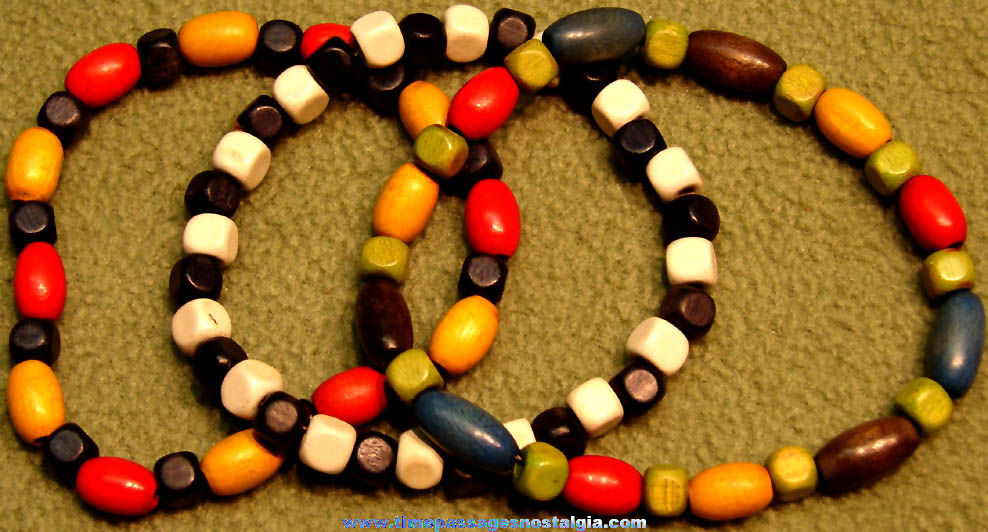 (3) Old Cracker Jack Pop Corn Confection Toy Prize Wooden Bead Bracelets