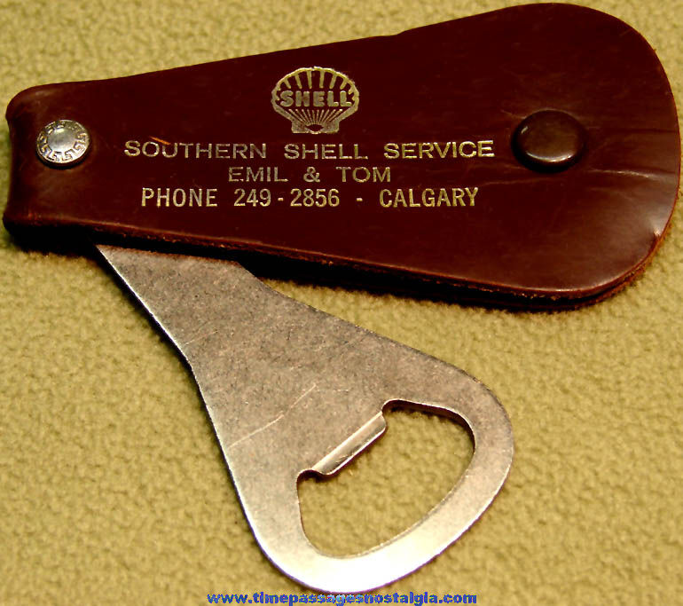 Old Leather and Metal Canadian Shell Gas Station Advertising Premium Bottle Opener
