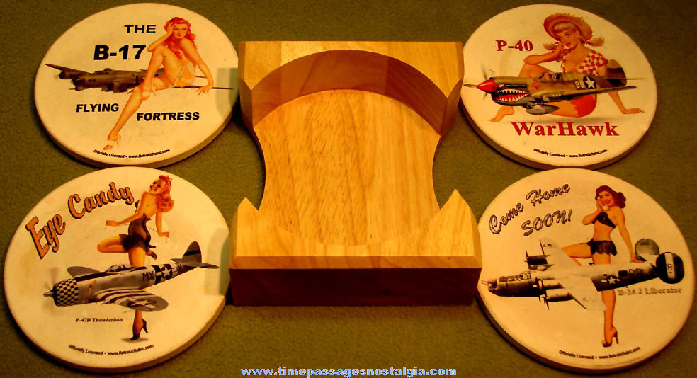 Set of (4) United States Military Aircraft & Pin Up Women Drink Coasters with Wooden Holder