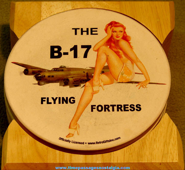 Set of (4) United States Military Aircraft & Pin Up Women Drink Coasters with Wooden Holder