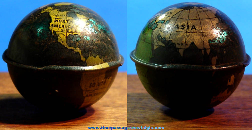 Old Cracker Jack Pop Corn Confection Miniature Lithographed Tin Earth Globe Toy Prize