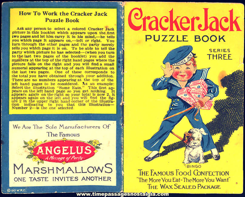 ©1917 Cracker Jack Pop Corn Confection & Angelus Marshmallows Advertising Toy Prize Puzzle Book Series Three