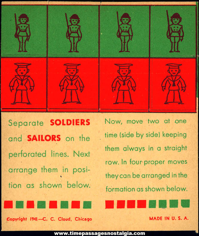 Unused 1941 Cracker Jack Pop Corn Confection C. Carey Cloud Soldiers & Sailors Paper Toy Prize Game