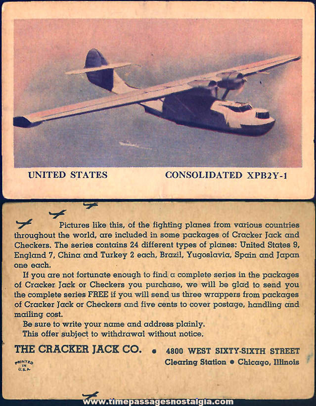 1944 Cracker Jack Pop Corn Confection United States Consolidated XPB2Y-1 Airplane Prize Trading Card