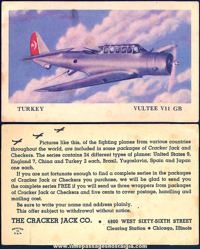 1944 Cracker Jack Pop Corn Confection Turkey Vultee V11 GB Airplane Prize Trading Card