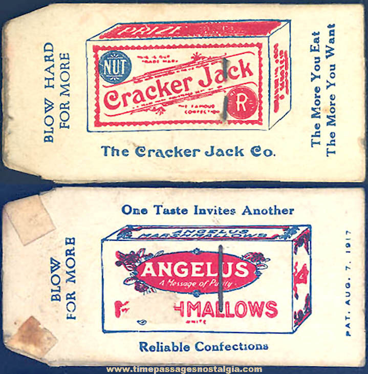 1920s Cracker Jack Pop Corn Confection & Angelus Marshmallows Advertising Toy Prize Paper Whistle