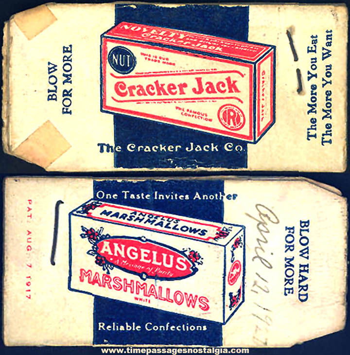 1920s Cracker Jack Pop Corn Confection & Angelus Marshmallows Advertising Toy Prize Paper Whistle