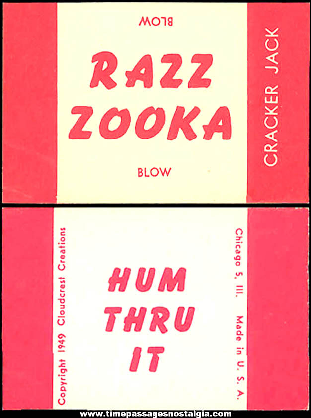 1949 Cracker Jack Pop Corn Confection Advertising Toy Prize Razz Zooka Paper Whistle