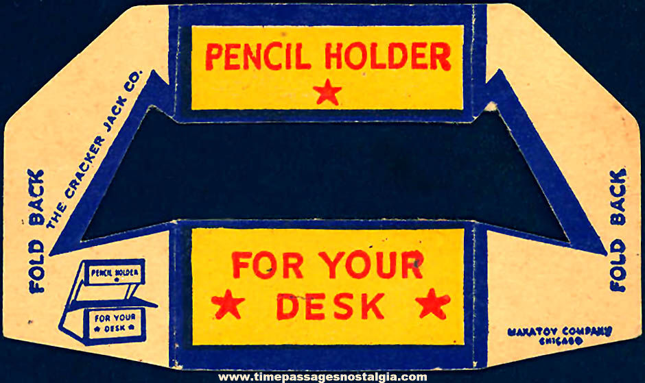 1944 Cracker Jack Pop Corn Confection Advertising Makatoy Paper Toy Prize Pencil Holder