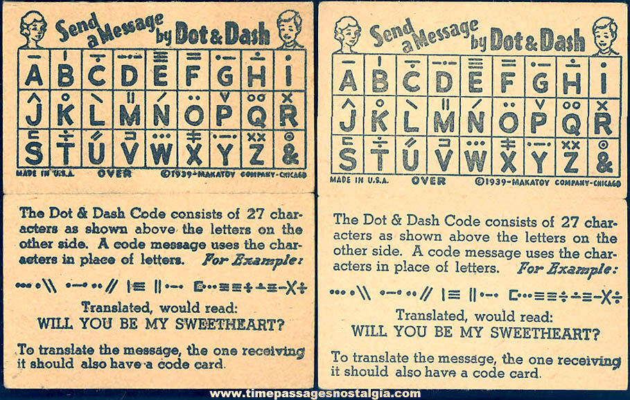 1939 Cracker Jack Pop Corn Confection Paper Toy Prize Dot & Dash Code Message Cards
