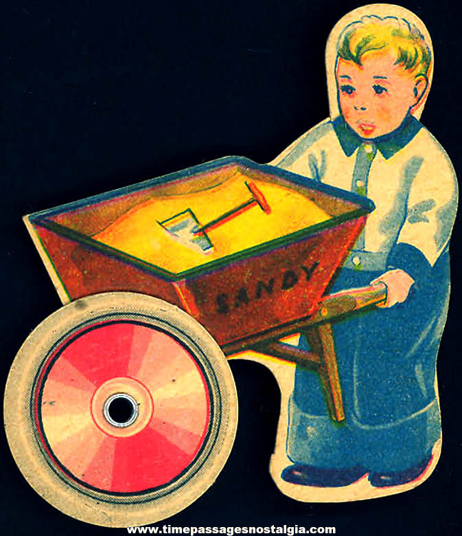 1950 Cracker Jack Pop Corn Confection Boy with Wheelbarrow Roller Toy Prize